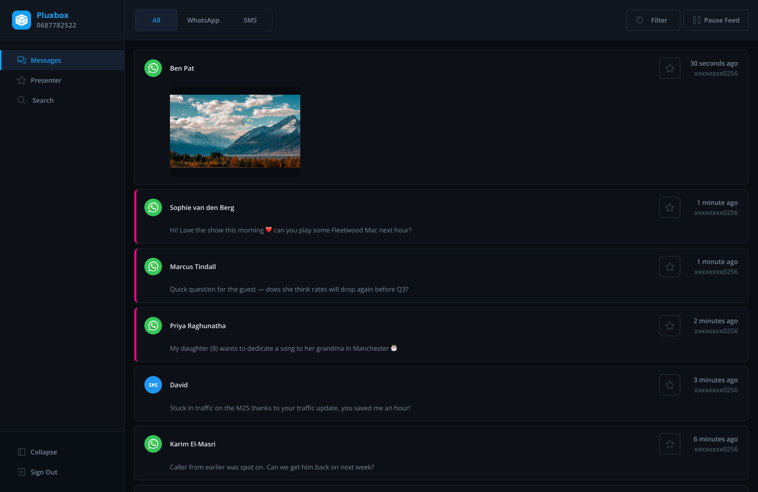 CoreOC Radio Co-Host interface showing live playlist, cart wall, and listener message inbox