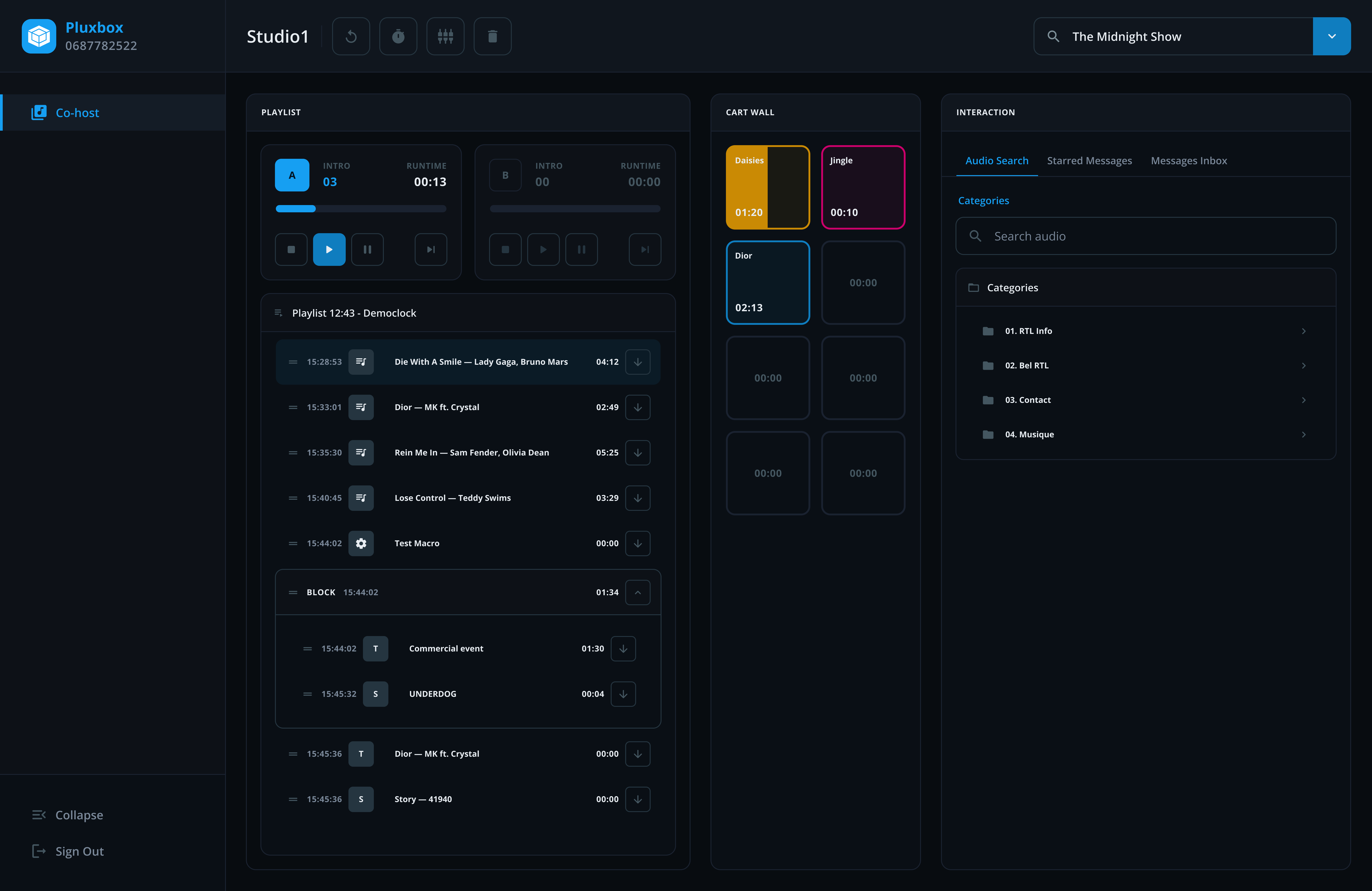 CoreOC Vodcast studio interface with live teleprompter script, video preview, and scene controls